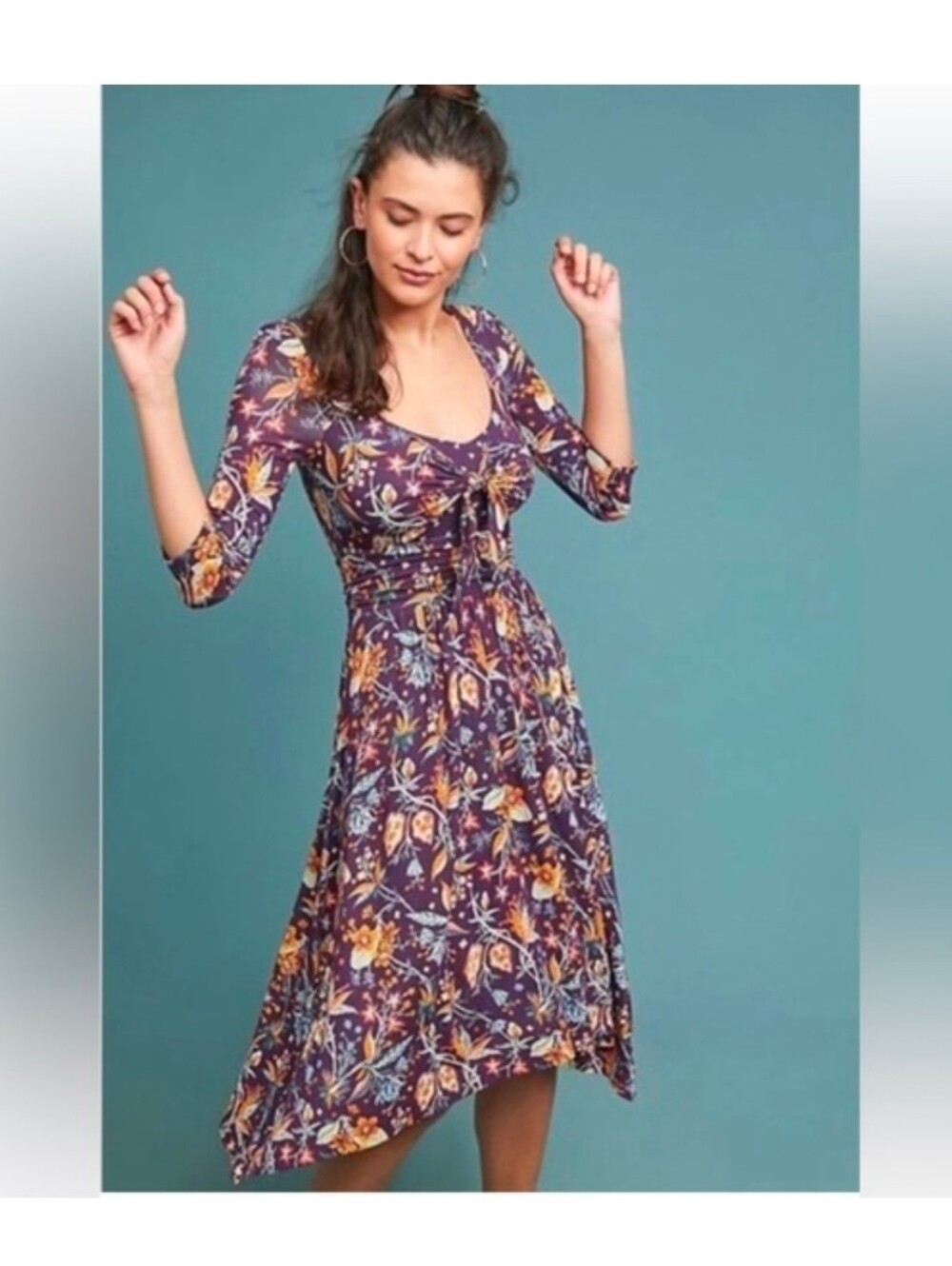Anthropologie Size 8 Purple Floral Tie-Front Midi Jersey Dress